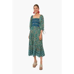 Cara Cara Moroccan Tile Teal Jazzy Midi Dress Size Large Boho Smocked Dress